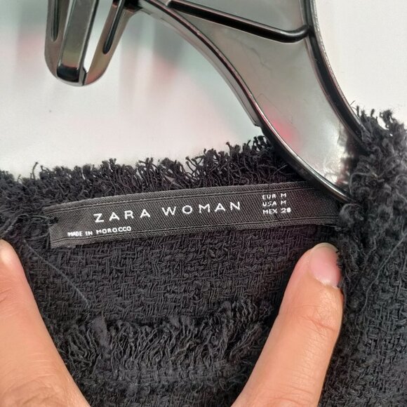 Zara Lace Round Neck Fringe Cap Sleeve  Crepe Mini Dress Medium Black - Picture 5 of 15